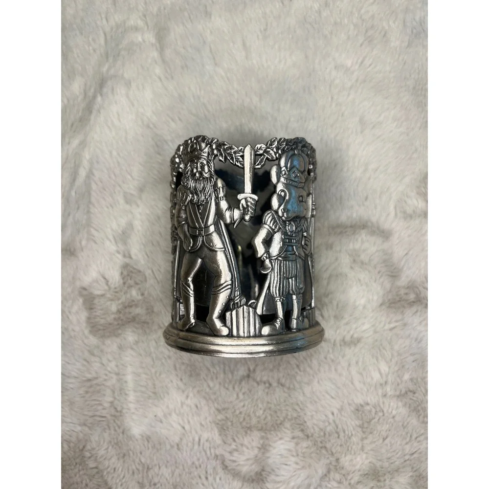 Nutcracker Metal Candle Sleeve Jar Holder Embossed Mouse King Silver Decor